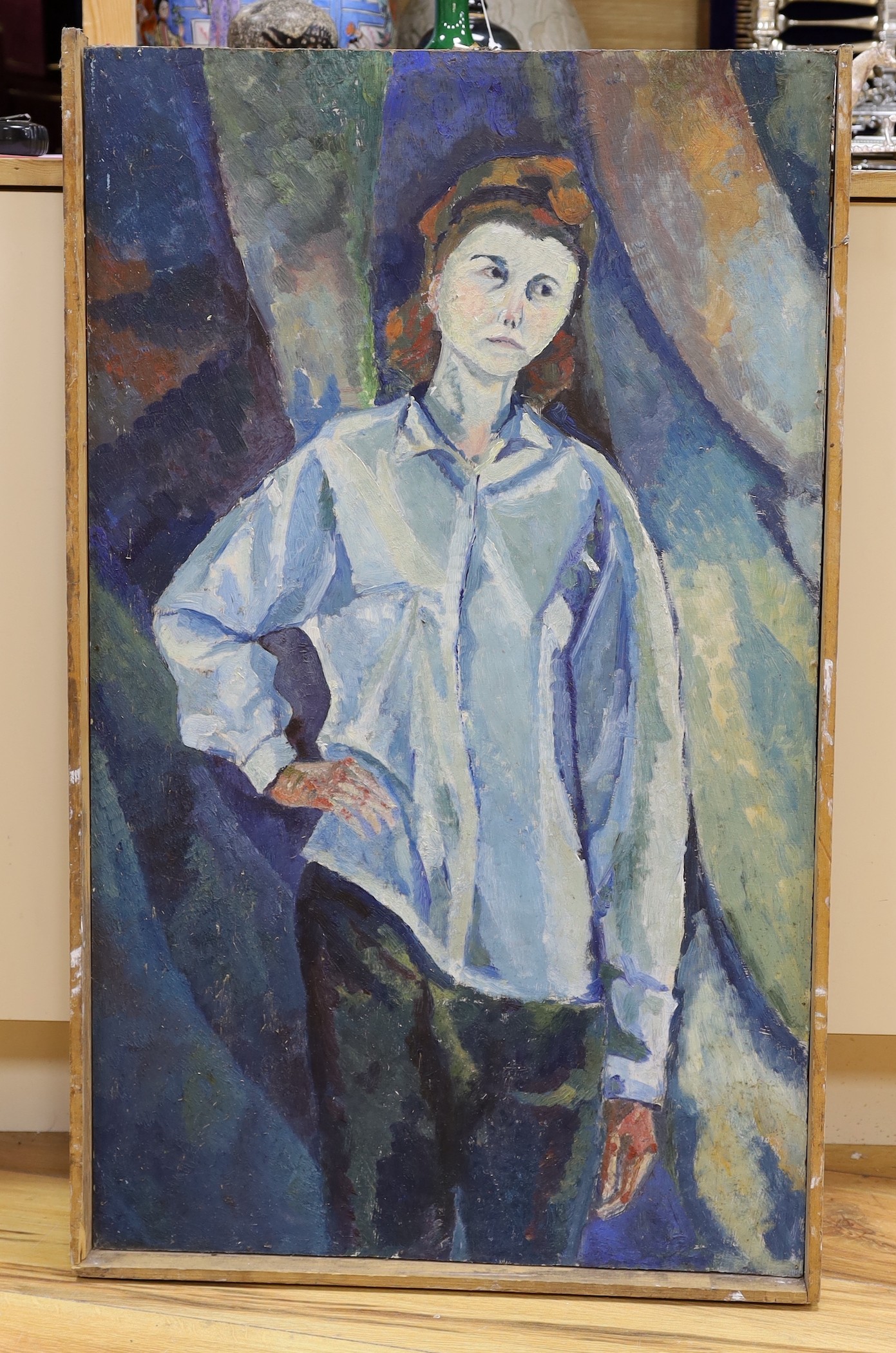 Modern British, oil on board, figure study, 90 x 53cm